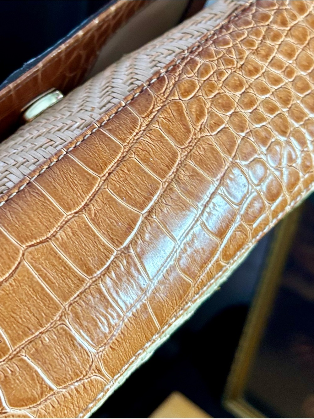 Liz Claiborne 90s Y2K Cognac Croc-Embossed and Woven Straw Shoulder Bag - Picture 8 of 16